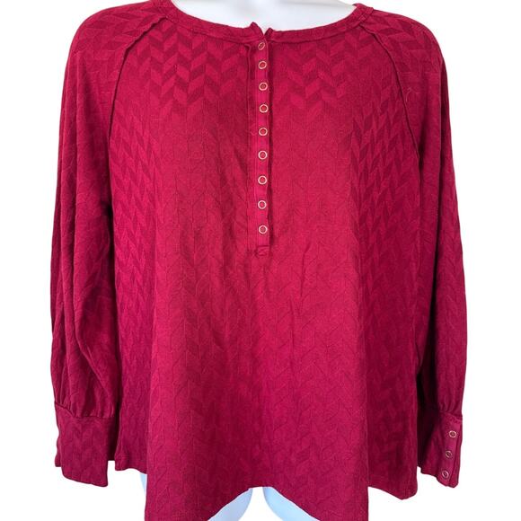 CAFFÉ MARRAKESH XL Berry Chevron Textured Henley Blouse Top Balloon Sleeve Tunic - Picture 3 of 10
